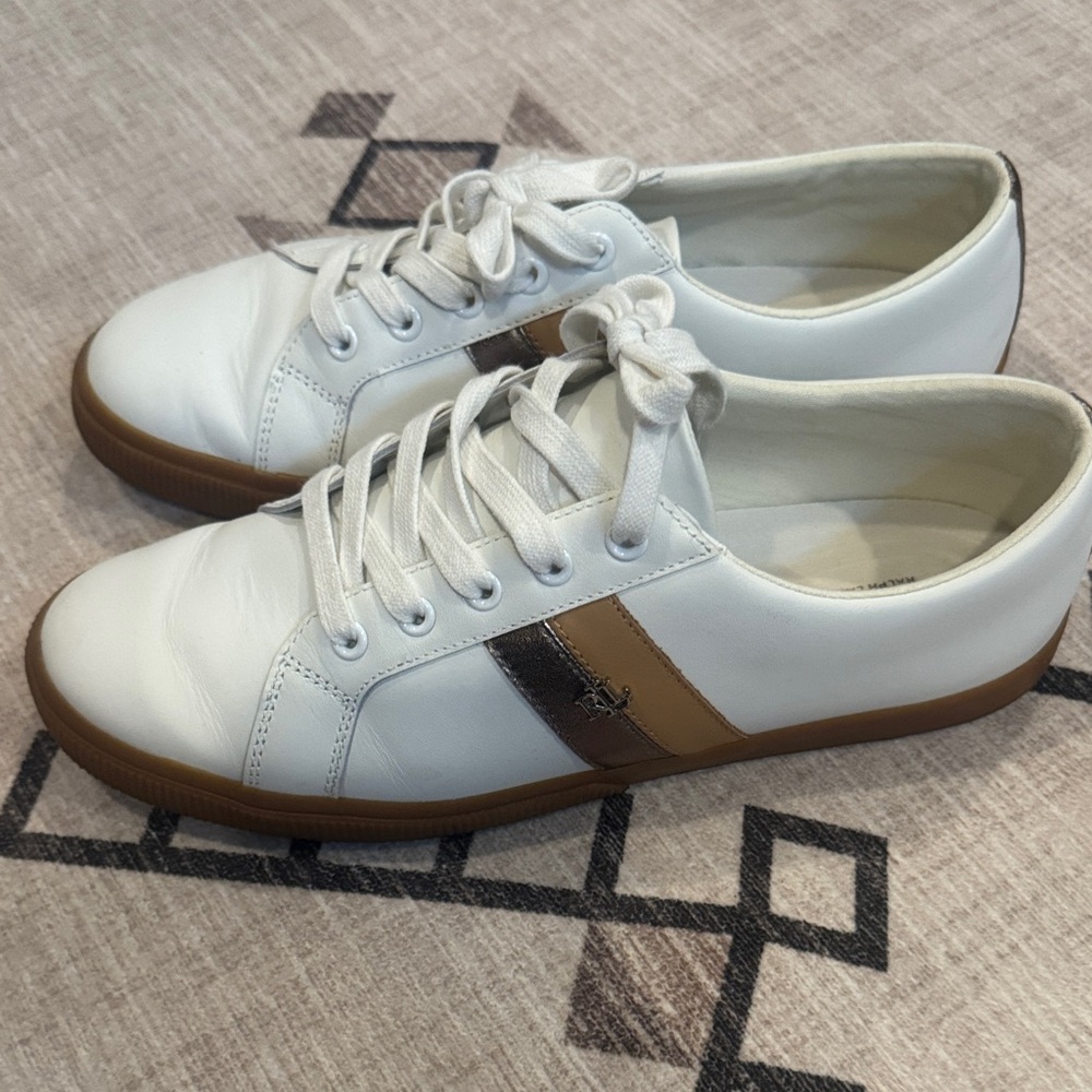Polo by Ralph Lauren White Sneakers with Brown and Silver Stripes

Gently used - Picture 2 of 5